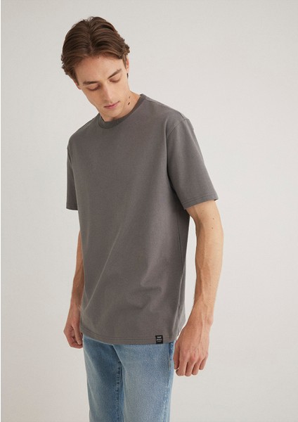 Etiket Detaylı Gri Basic Tişört 0611824-70096