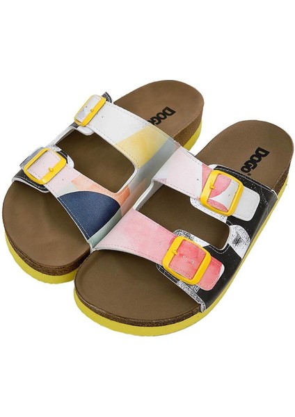 Kadın Vegan Deri Çok Renkli Terlik - Geometric Shapes Tasarım