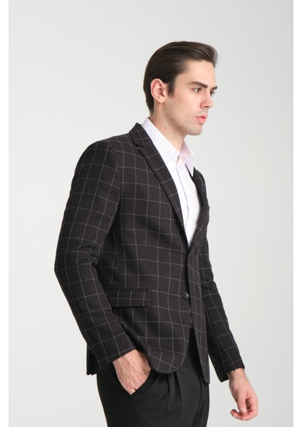 Paride Erkek Indigo Ekose Slim Fit Mono Yaka Blazer Ceket modelleri