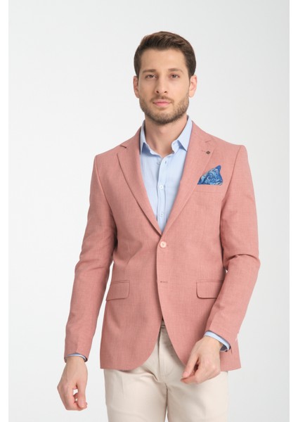 Arunte Erkek Pembe Keten Görünümlü Ince Dört Mevsim Giyilebilir Slim Fit Blazer Ceket