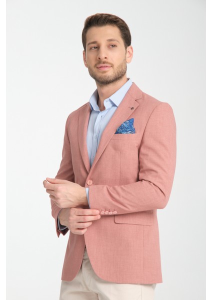 Arunte Erkek Pembe Keten Görünümlü Ince Dört Mevsim Giyilebilir Slim Fit Blazer Ceket