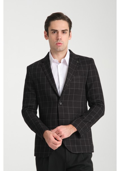 Paride Erkek Indigo Ekose Slim Fit Mono Yaka Blazer Ceket