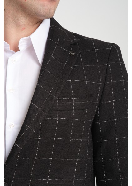 Paride Erkek Indigo Ekose Slim Fit Mono Yaka Blazer Ceket