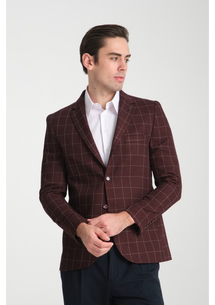 Paride Erkek Indigo Ekose Slim Fit Mono Yaka Blazer Ceket