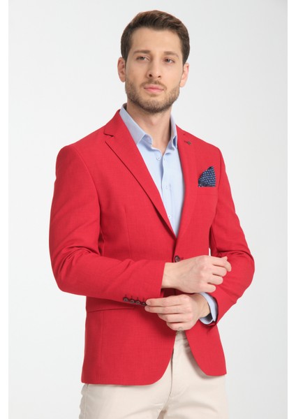 Arunte Erkek Kırmızı Keten Görünümlü Ince Dört Mevsim Giyilebilir Slim Fit Blazer Ceket