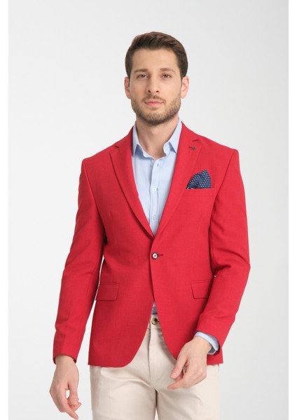 Arunte Erkek Kırmızı Keten Görünümlü Ince Dört Mevsim Giyilebilir Slim Fit Blazer Ceket modelleri