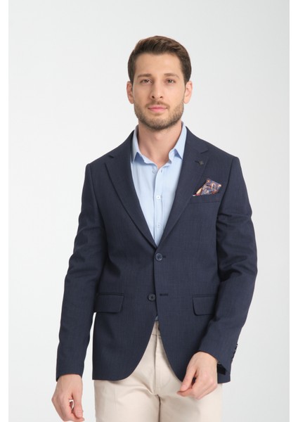 Arunte Erkek Lacivert Keten Görünümlü Ince Dört Mevsim Giyilebilir Slim Fit Blazer Ceket