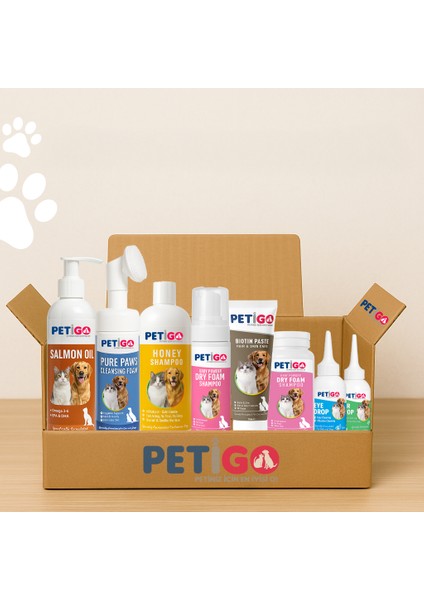 8’li Premium Kedi Köpek Bakım Seti – Şampuan, Göz & Kulak Damlası, Biotin, Somon Yağı ve Daha Fazlası