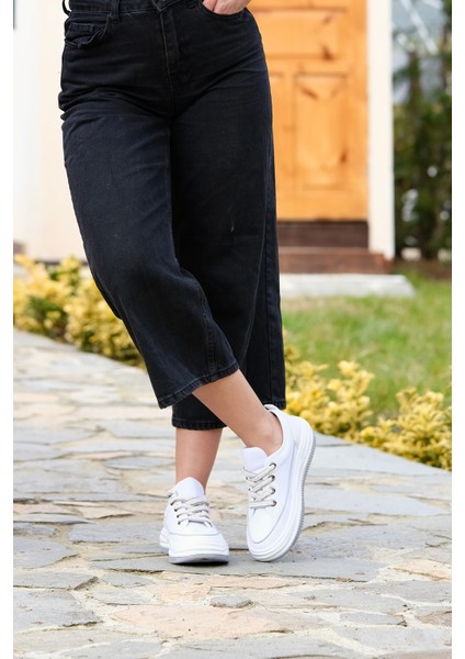 Kadın Yüksek Taban Sneaker Keten Kumaş Bağcıklı Spor Ayakkabı Hesna