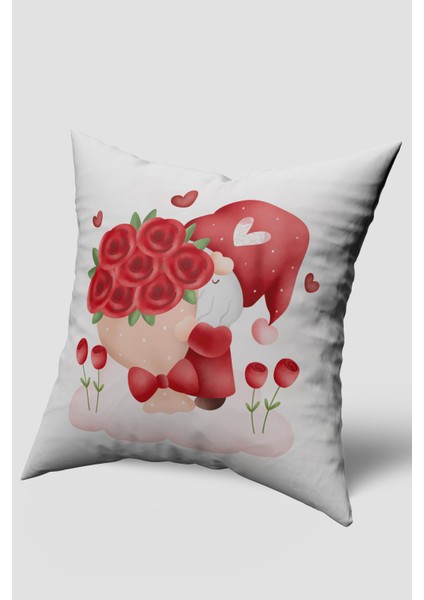 Beyaz Kırmızı Gül Desenli Kırlent Kılıfı