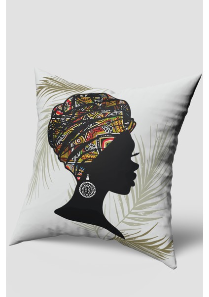 Beyaz Etnik Afrika Kadın Figürlü Kırlent Kılıfı