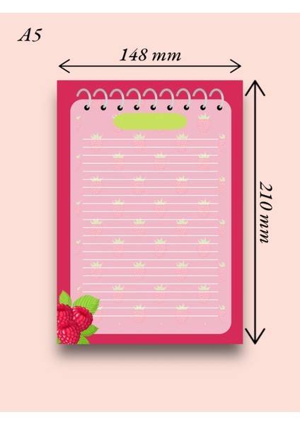 A5 Frambuaz Desenli Notepad - Not Defteri - Bloknot