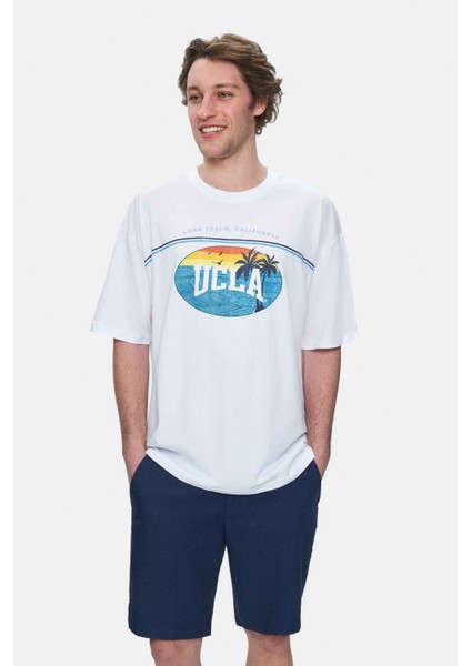 Aıre Beyaz Bisiklet Yaka Baskılı Oversize Erkek Tshirt