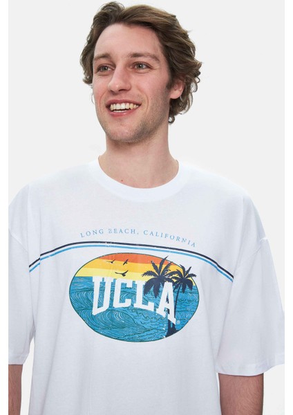 Aıre Beyaz Bisiklet Yaka Baskılı Oversize Erkek Tshirt