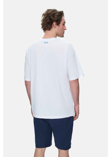 Aıre Beyaz Bisiklet Yaka Baskılı Oversize Erkek Tshirt