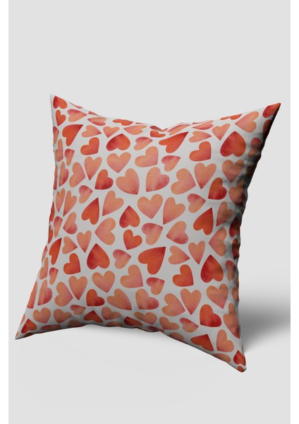 Beyaz Kırmızı Kalp Desenli Kırlent Kılıfı