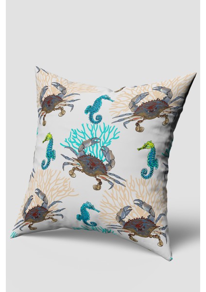 Beyaz Mavi Yengeç Deniz Atı Marin Desenli Kırlent Kılıfı