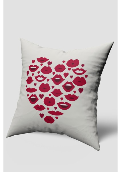 Beyaz Kırmızı Dudak Desenli Kırlent Kılıfı