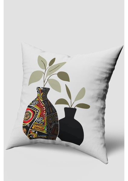 Beyaz Siyah Vazo Desenli Kırlent Kılıfı