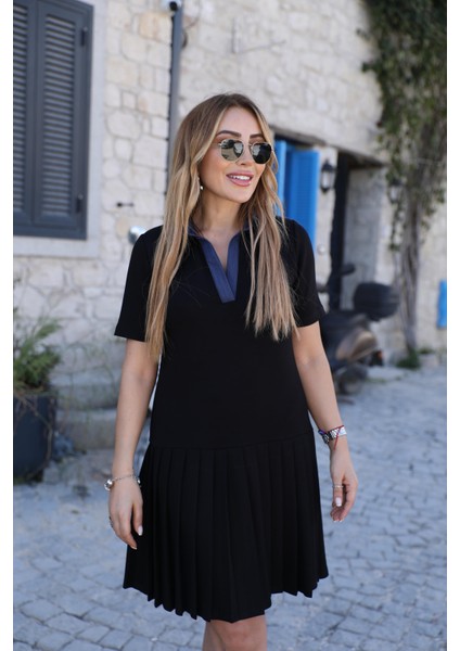 Buketli Kadın Polo Yaka Eteği Pliseli Örme Mini Elbise