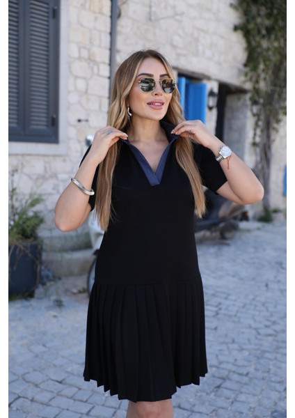 Buketli Kadın Polo Yaka Eteği Pliseli Örme Mini Elbise modelleri