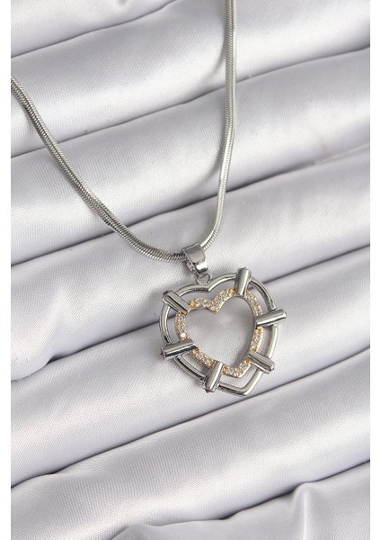 316L Çelik Gümüş Renk Italyan Zincir Mix Renk Zirkon Taş Detay Kalp Model Kadın Kolye