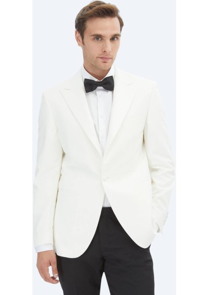 Ekru Düz Slim Fit Kruvaze Yaka Dokuma Smokin Takım Elbise