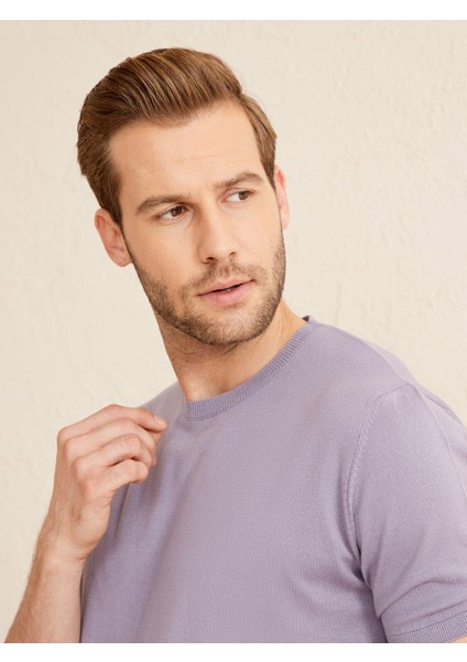 Erkek Lila Regular Fit Pamuklu Basic Kazak