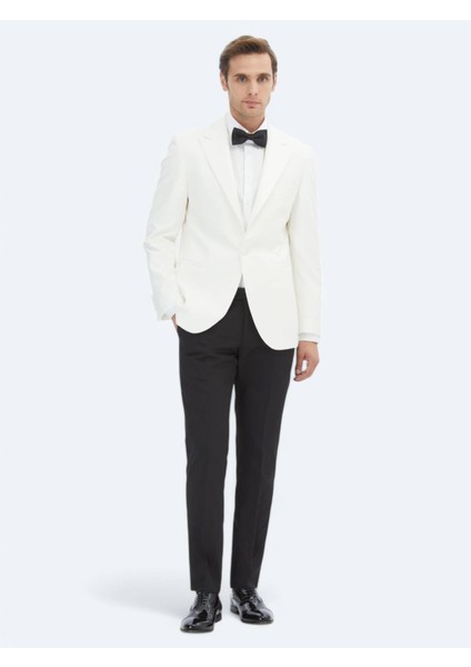 Ekru Düz Slim Fit Kruvaze Yaka Dokuma Smokin Takım Elbise