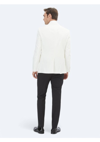 Ekru Düz Slim Fit Kruvaze Yaka Dokuma Smokin Takım Elbise