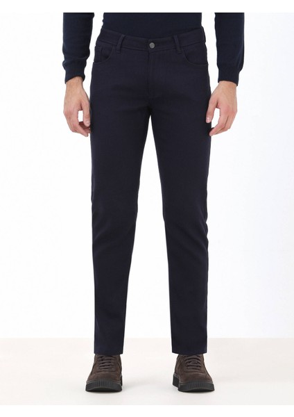 Lacivert Dokuma Slim Fit Casual Pamuk Karışımlı Pantolon