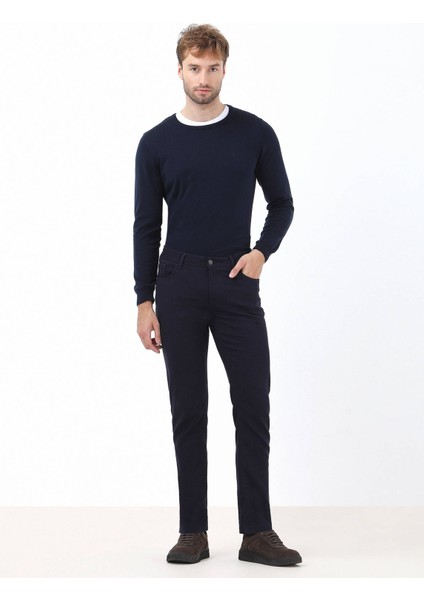 Lacivert Dokuma Slim Fit Casual Pamuk Karışımlı Pantolon