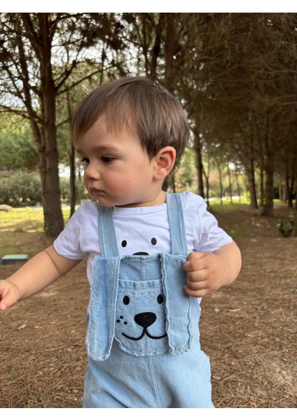 Uzun Kulak Köpekçik Cepli Kot Yazlık 2li Salopet Set