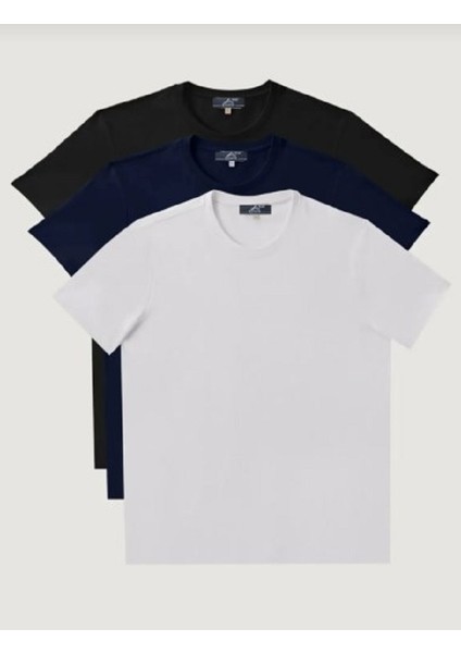 Siyah-Beyaz- Lacivert 3'lü paket Erkek Slim Fit Bisiklet Yaka Kısa Kol Tişört