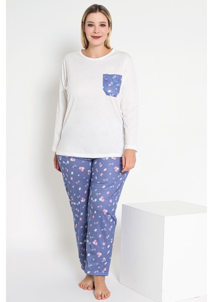 Kadın Mavi Renkli Çiçek Desenli Uzun Kollu Pijama Takımı B-52