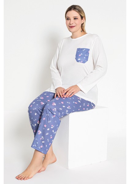 Kadın Mavi Renkli Çiçek Desenli Uzun Kollu Pijama Takımı B-52