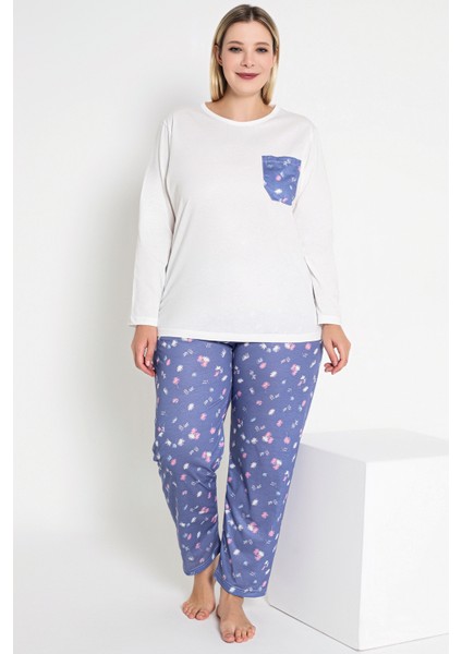 Kadın Mavi Renkli Çiçek Desenli Uzun Kollu Pijama Takımı B-52