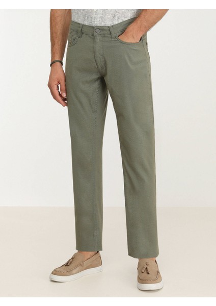 Haki Dokuma Slim Fit Casual Pamuk Karışımlı Pantolon