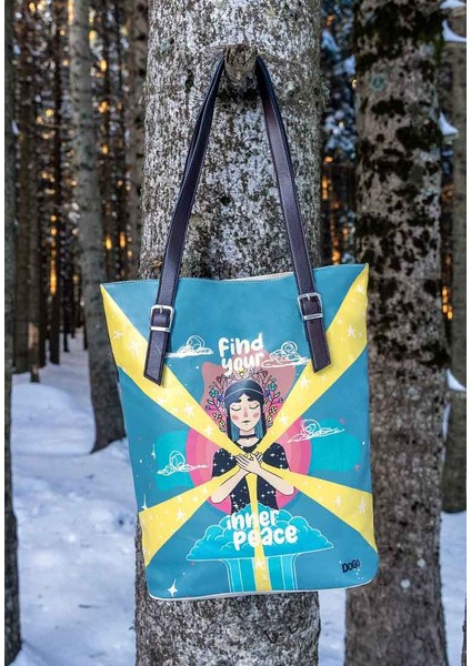 Kadın Vegan Deri Mavi Omuz Çantası - Find Your Inner Peace Tasarım indirimleri