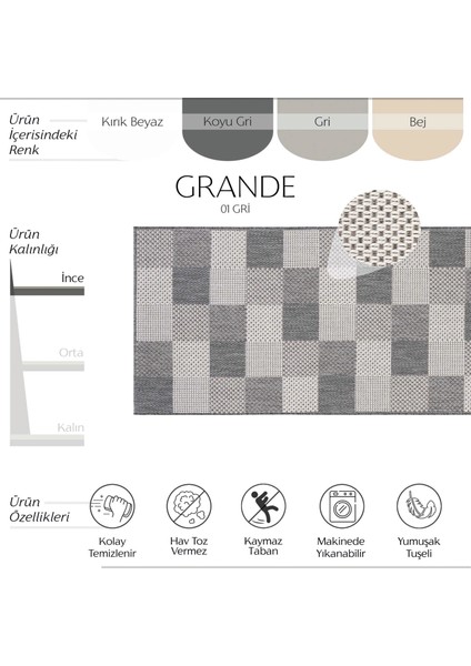 Grande 01 Gri Kaymaz Taban Yolluk Uzun Hol Koridor Halısı İnce Yıkanabilir Dokuma Kilim Halı Yolluk