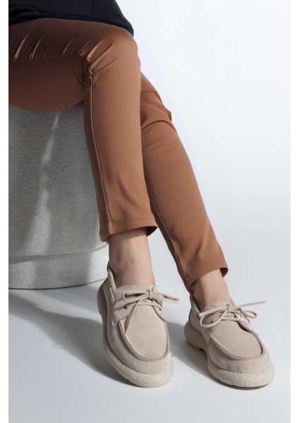 Kadın Hakiki Deri Bağlamalı Loafer Günlük Ayakkabı Enita Bej Süet fırsatları