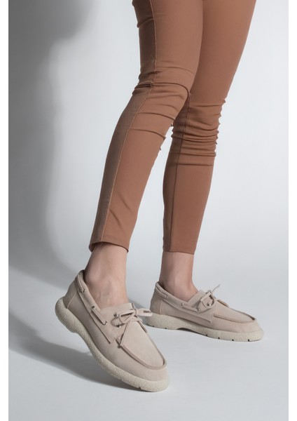 Kadın Hakiki Deri Bağlamalı Loafer Günlük Ayakkabı Enita Bej Süet