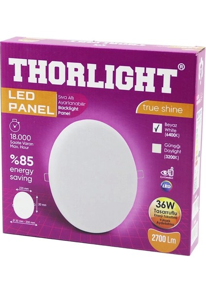 Thorlıght S-236 36W 22CM Beyaz LED Panel Sıva Altı Ayarlı Mandallı 6400K - 2700LM - 18000 Saat - 2835 Smd (4887)