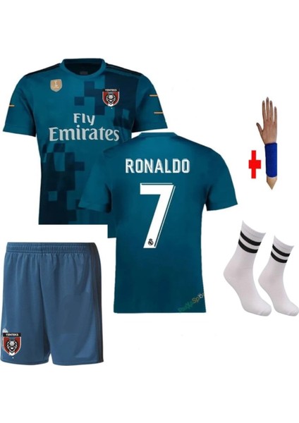 Cristiano Ronaldo 2018 Turkuaz Çocuk Forma Takımı 4'Lü Set Çorap+Bileklik Hediyeli