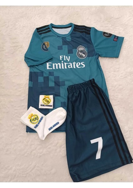 Cristiano Ronaldo 2018 Turkuaz Çocuk Forma Takımı 4'Lü Set Çorap+Bileklik Hediyeli