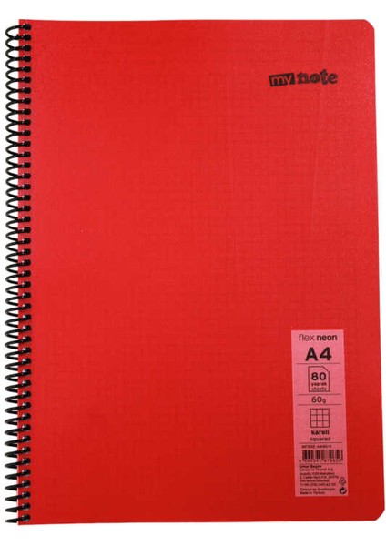 Flex A4 80 Yaprak Kareli Spiralli Plastik Neon Kapak Defter