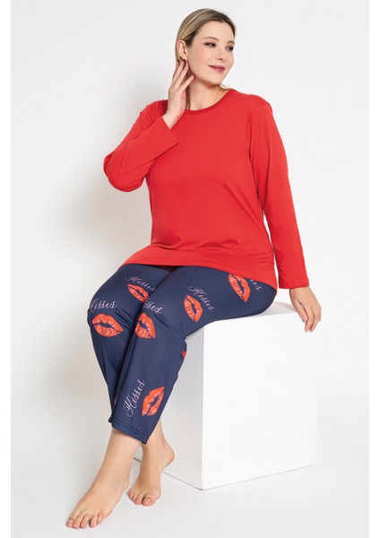 Kadın Kırmızı Renkli Kisses ve Dudak Baskılı Uzun Kollu Pijama Takımı B-50