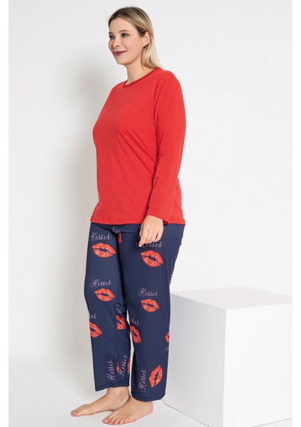 Kadın Kırmızı Renkli Kisses ve Dudak Baskılı Uzun Kollu Pijama Takımı B-50 modelleri