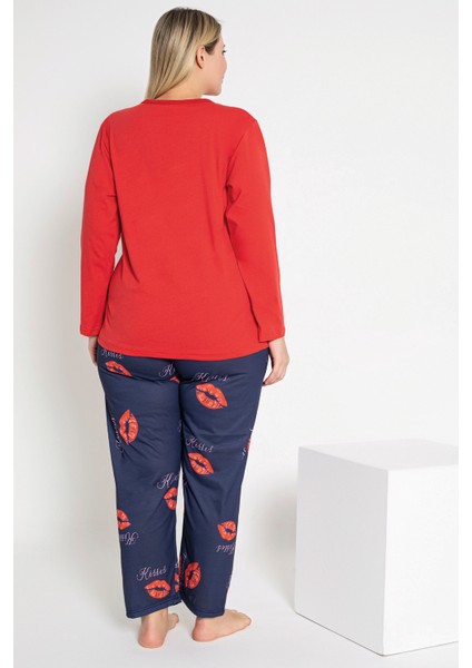 Kadın Kırmızı Renkli Kisses ve Dudak Baskılı Uzun Kollu Pijama Takımı B-50 fırsatları