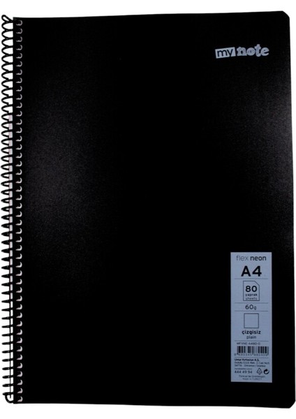 Flex A4 80 Yaprak Çizgisiz Spiralli Plastik Neon Kapak Defter Siyah